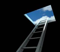 A ladder rising toward an opening in the sky